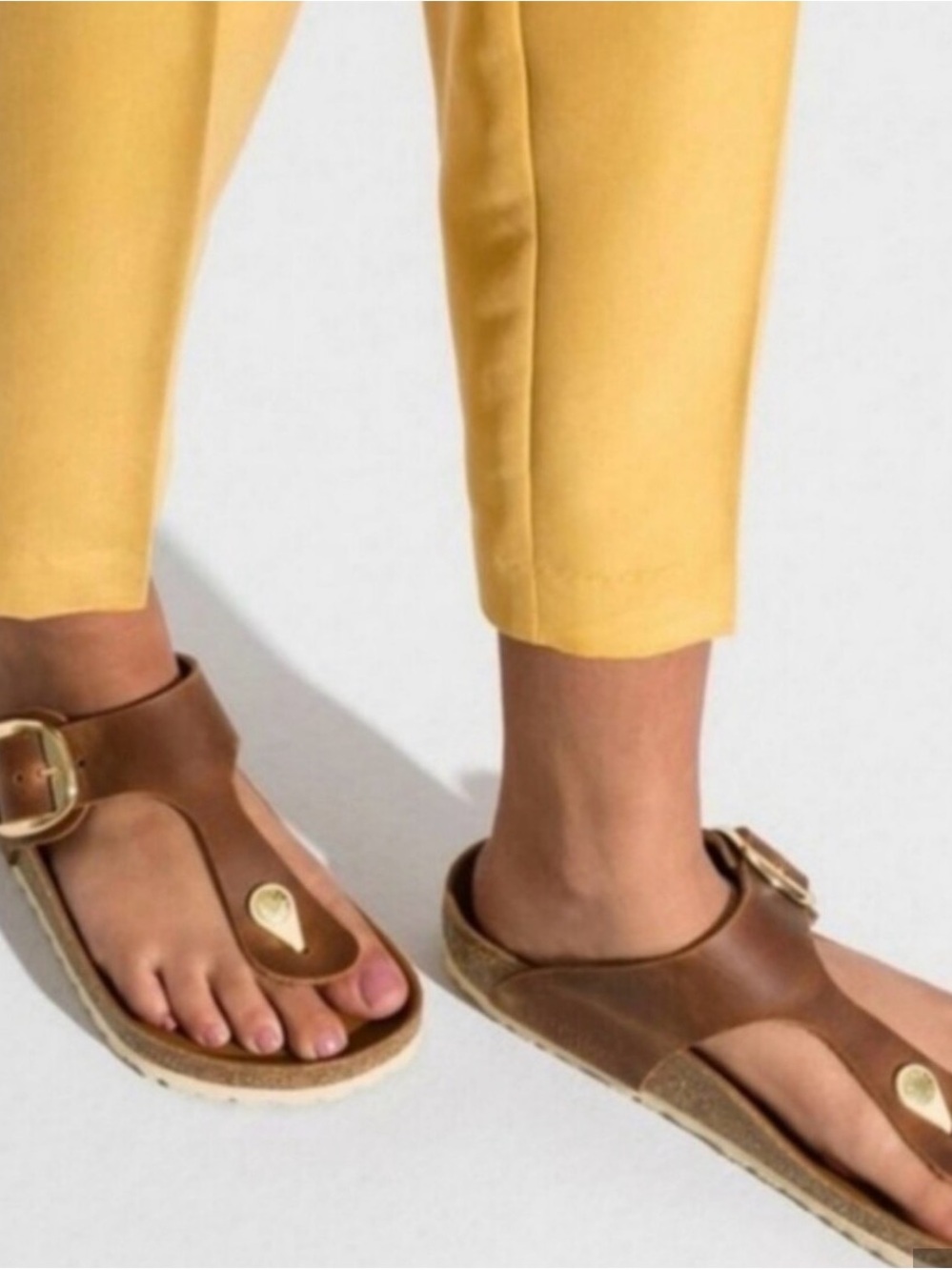 Birkenstock Brown Leather Thong Sandals with Gold Buckle US 8-8.5